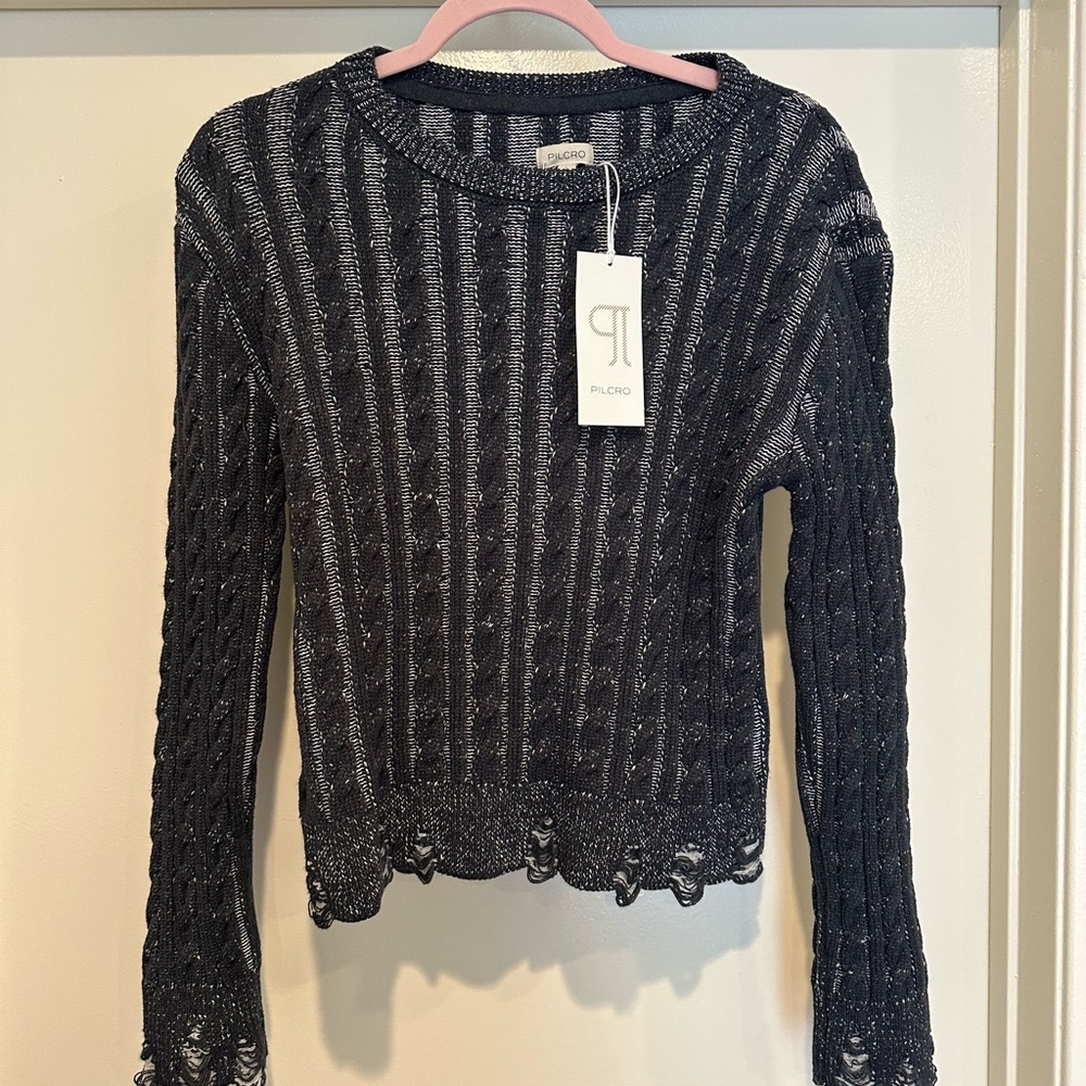 Pilcro Charcoal Black and Gray Distressed Sweater NWT